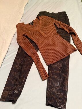 INC International Concepts Rust Ribbed Henley Sweater and Snake Skin Leggings